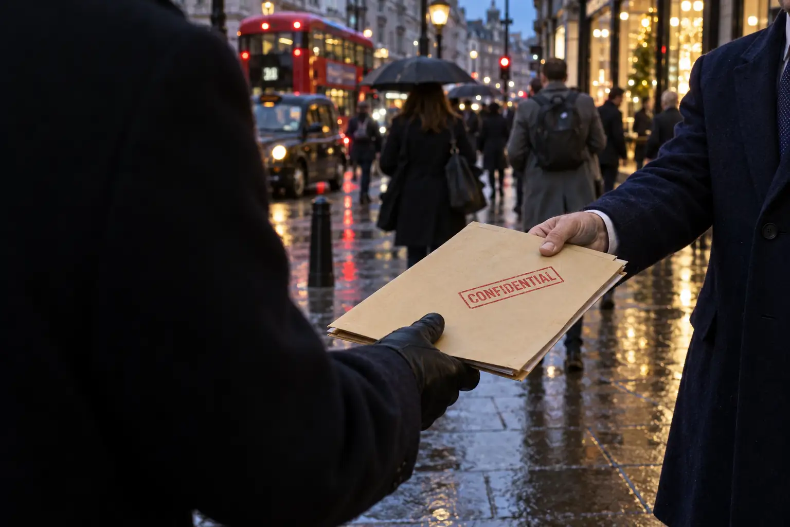 On a wet London street, a man hands a file stamped Confidential to a stranger in black gloves.
