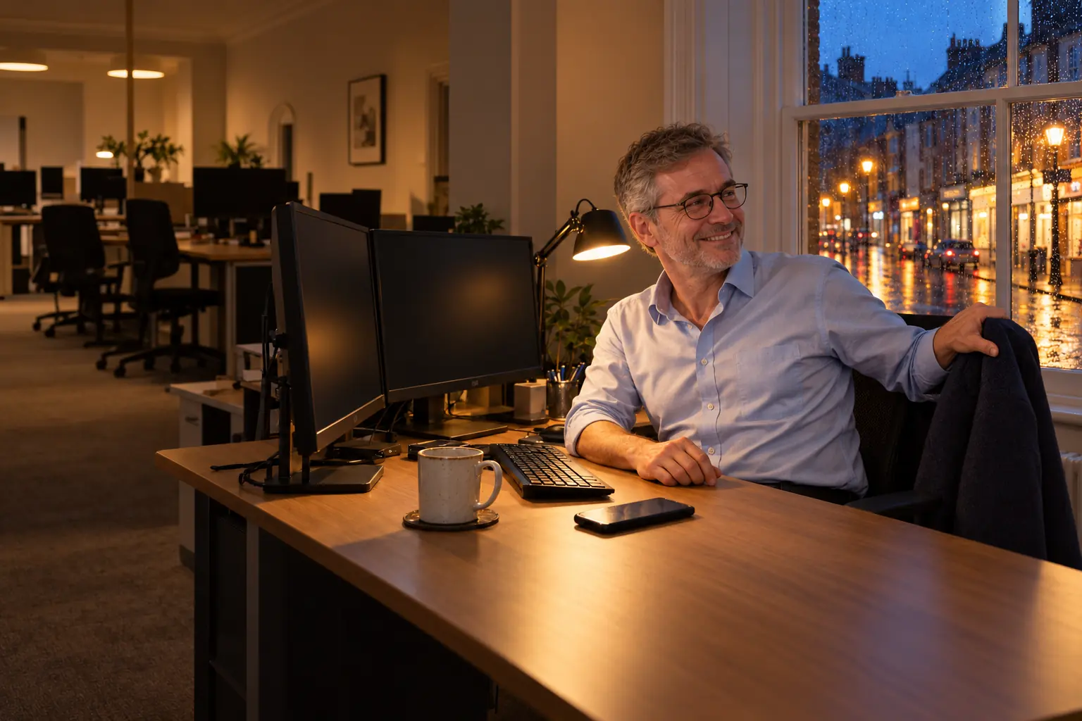 At 5.30pm on 27 January the accountant, in his fifties, smiles and reaches for his coat. His monitors are off and rain runs down the sash window over a lit high street.